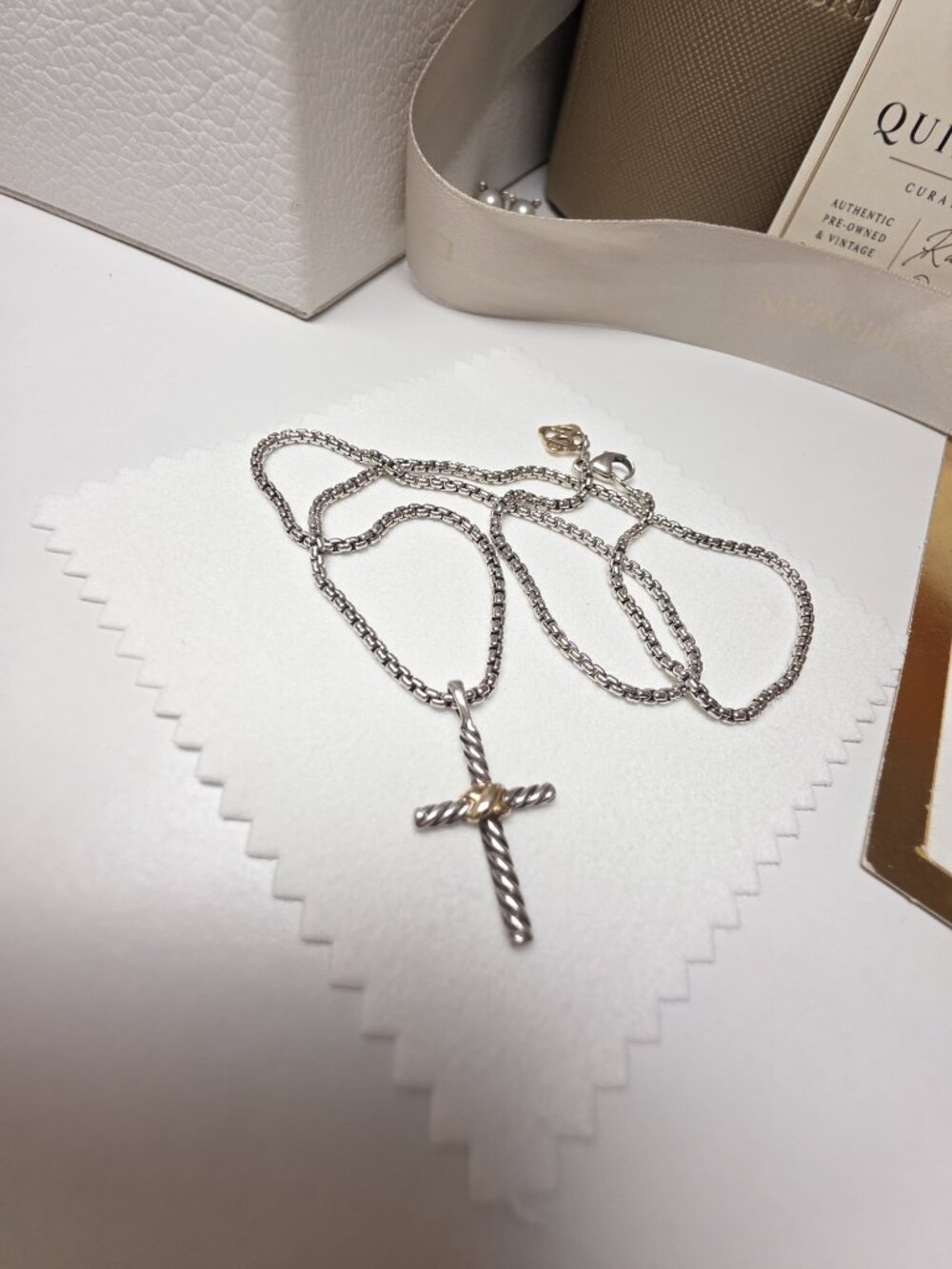 Petite X Cross Necklace Sterling Silver with 14K Yellow Gold, 24mm 16"Long - Picture 7 of 13